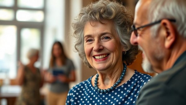 Smiling elderly woman in blue polka dot dress offers warmth.