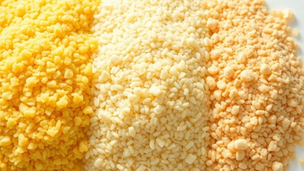 Polenta, grits, and cornmeal displaying texture differences.