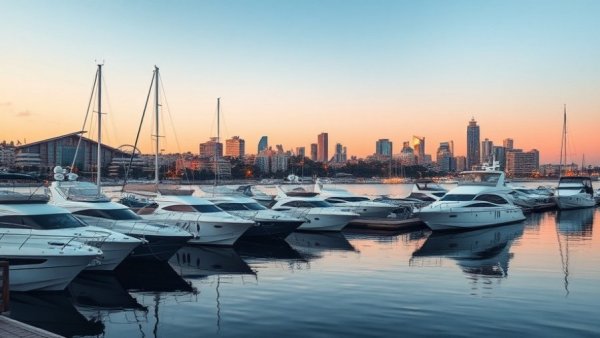 Vancouver marina with city skyline and yachts at sunset.