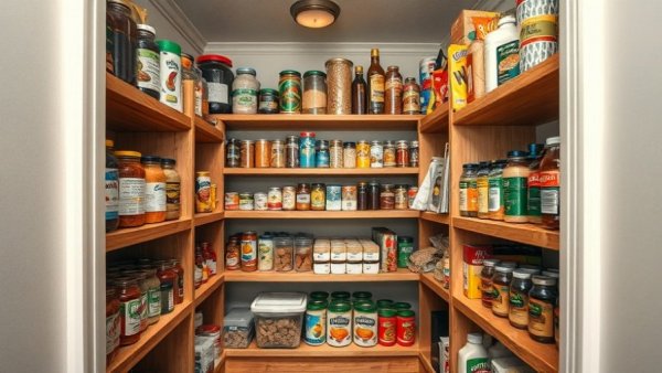 Pantry with wooden shelves filled with items, home improvement Vancouver