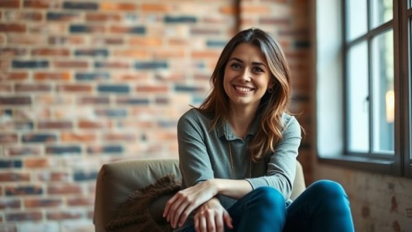 Smiling woman indoors with brick wall, casual atmosphere.