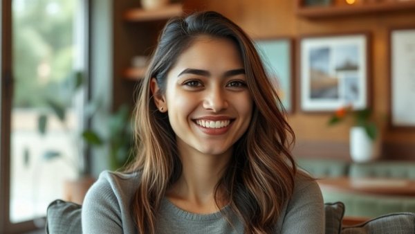 Smiling woman in a cozy setting, dealing with a bad time at a store.