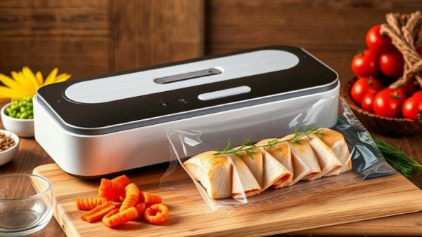 Modern vacuum sealers sealing food on a wooden table.