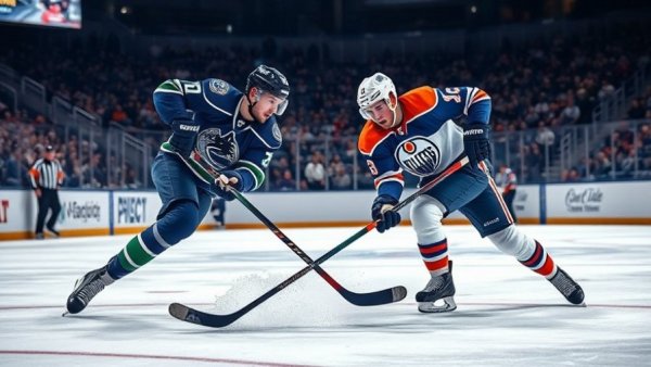 Vancouver Canucks defense against Edmonton Oilers in action on ice