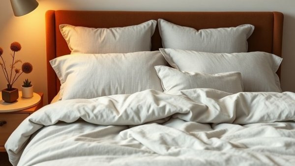 Neatly arranged bed with grey pillows and brown headboard.