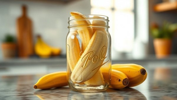 Mason jar of banana-peel water resting on kitchen counter.