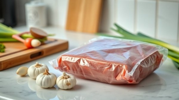 Vacuum-sealed meat package with garlic and onions showcasing meat delivery services.