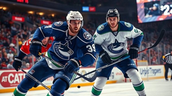 Vancouver Canucks players in action during an ice hockey game.