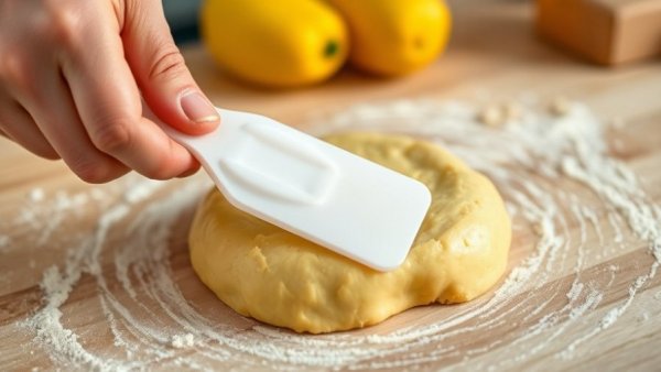 Using a kitchen bowl scraper tool on yellow dough close-up