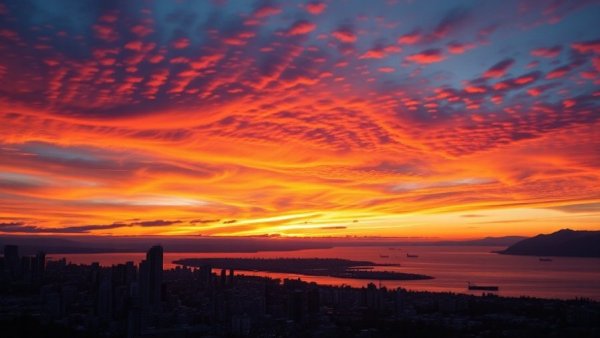 Vancouver skyline at sunset with ocean backdrop
