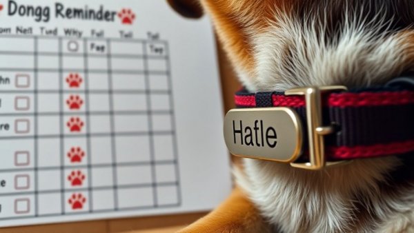 Dog collar with tag and pet feeding reminder chart for first-time pet owner essentials.