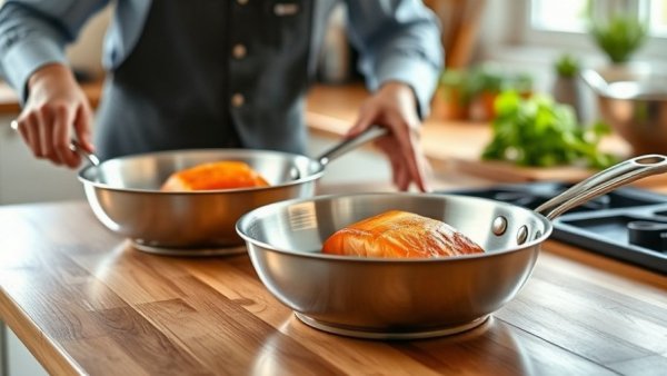 Cooking salmon in stainless steel skillets on wooden counter.