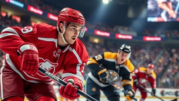 Intense hockey action in match related to Dylan Larkin trade news