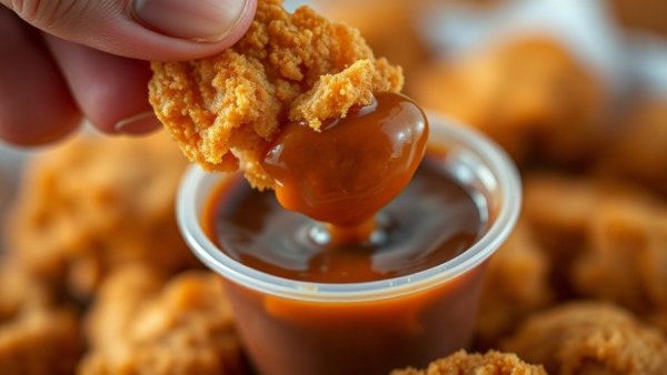 Crispy chicken nugget being dipped into sauce, close-up.