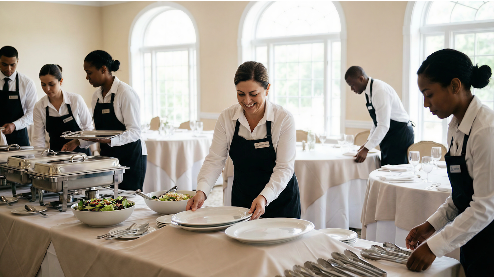 Professional catering staff in black aprons setting up buffet tables with chafing dishes and place settings for corporate banquet event