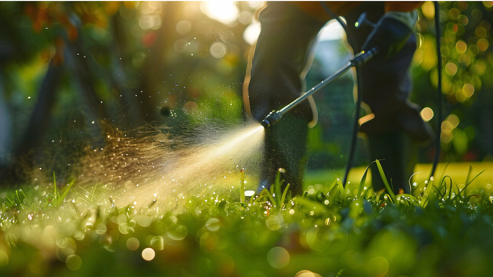 Pest control technician spraying treatment on lawn for outdoor insect and rodent control in Surrey BC