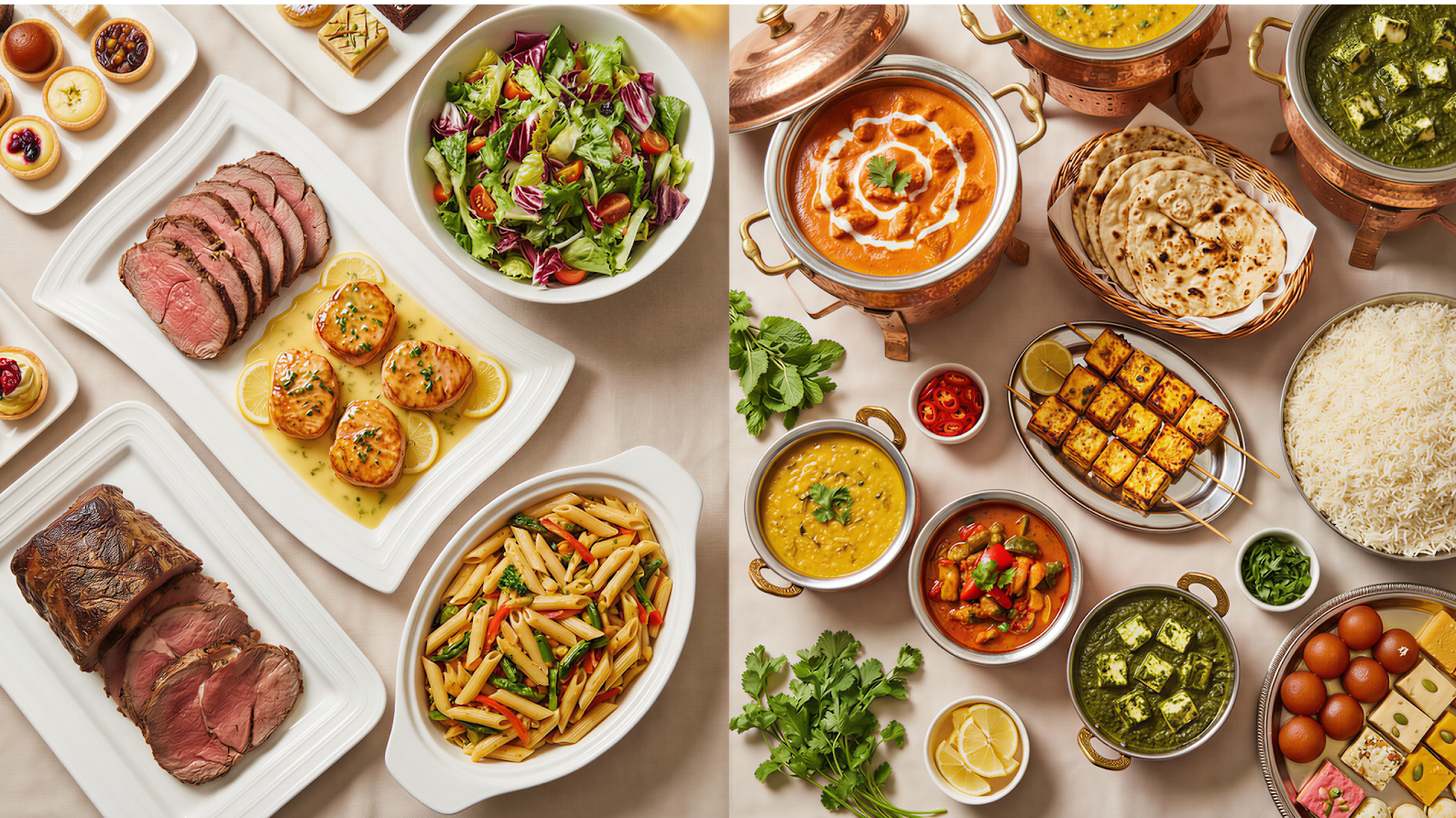 American and Indian catering menu options including prime rib, scallops, pasta, butter chicken, palak paneer, and naan bread for corporate events