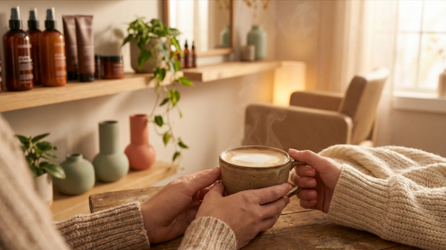 An image of a room interior, hands holding a cup of latte.