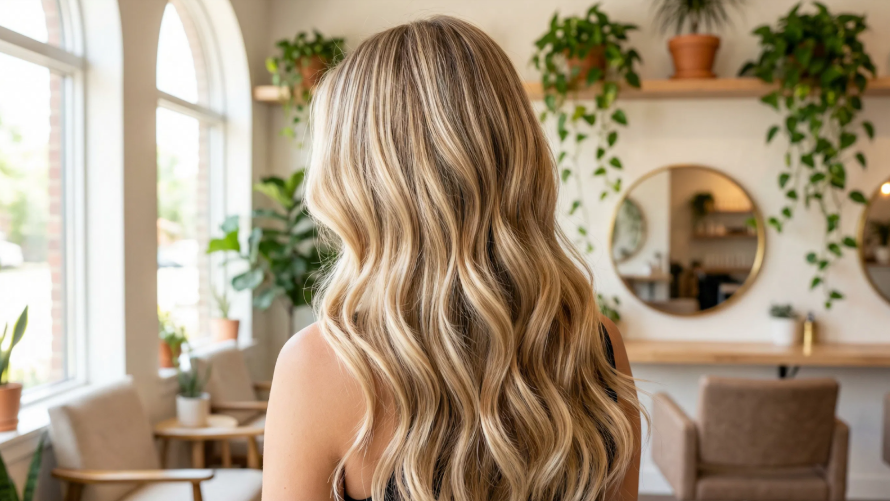 An image of a woman standing in a beauty salon, facing towards its windows.