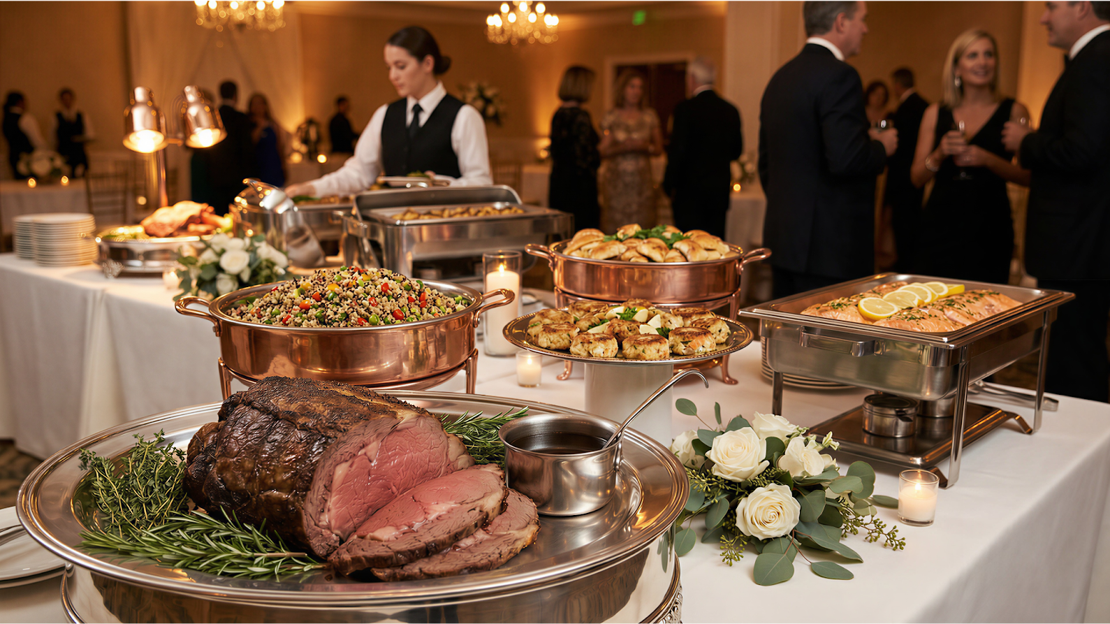 Upscale catering buffet with prime rib carving station, salmon, crab cakes, and quinoa salad served at formal corporate gala event