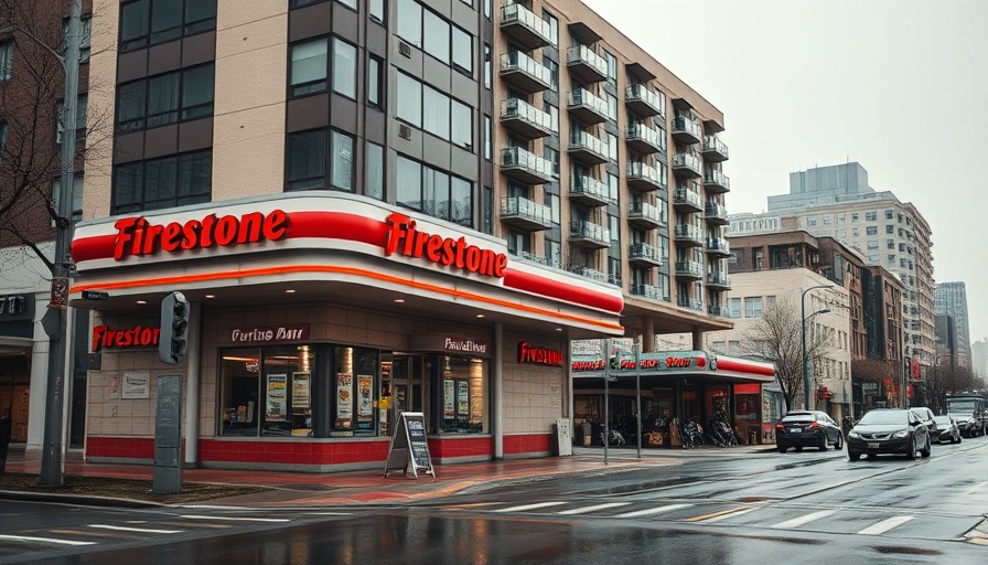 Denver business scene with Firestone service and apartments under cloudy sky.