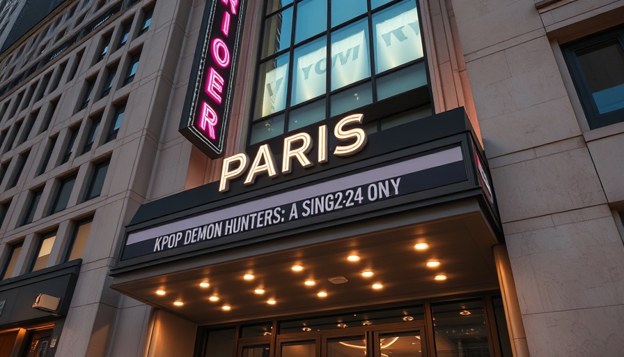 Urban theater facade advertises KPOP event, architectural view.