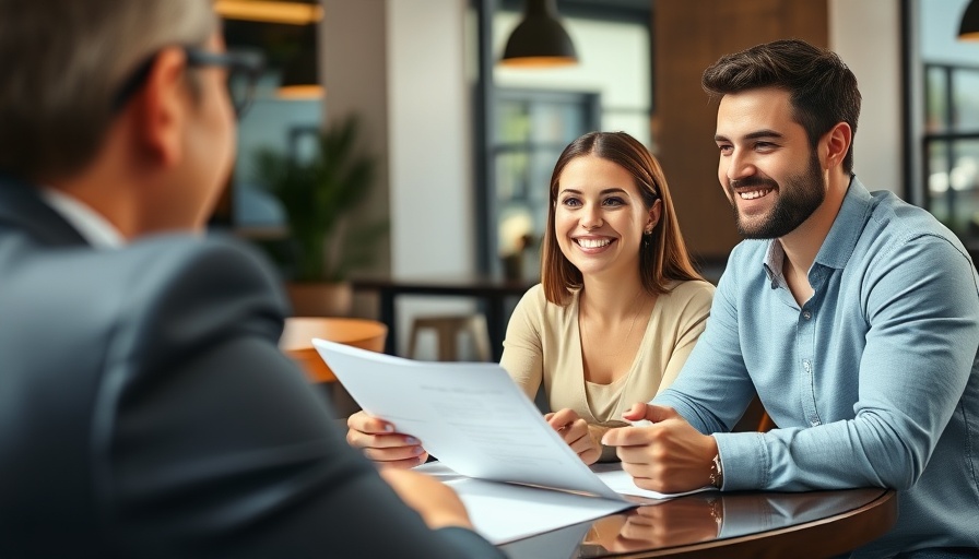 Young couple receiving friendly financial advice in a cafe setting.