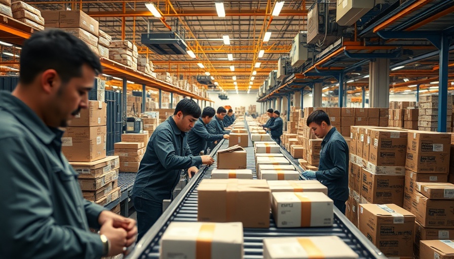 Workers sorting packages, conveying financial advice on tariffs concept.