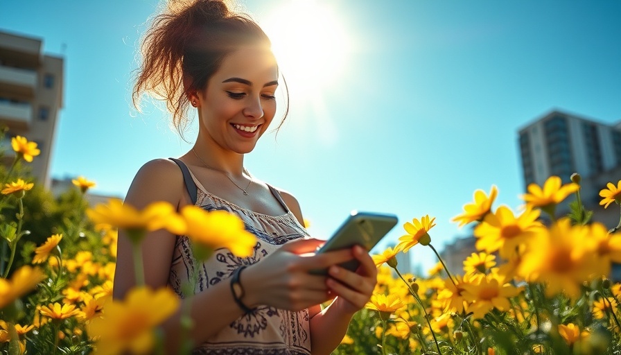 Woman in garden checking phone amidst flowers under clear sky.
