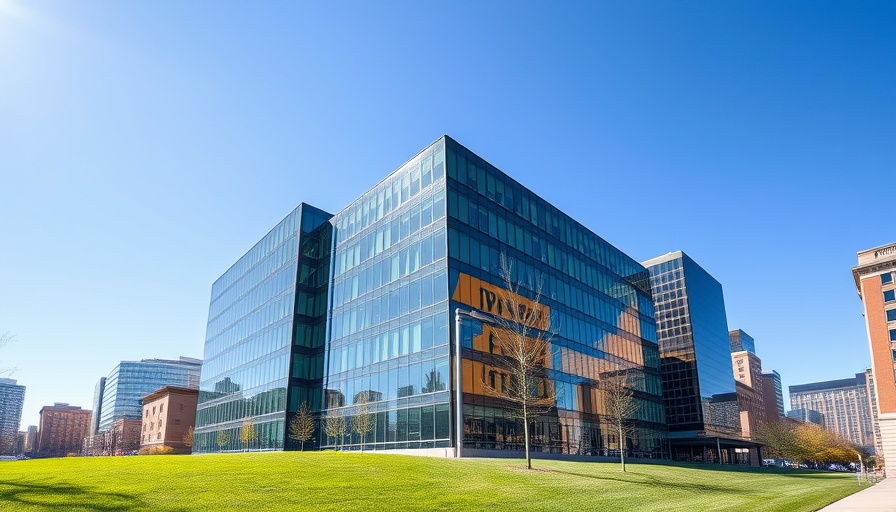 Modern office building in downtown Denver, clear sky, business news.