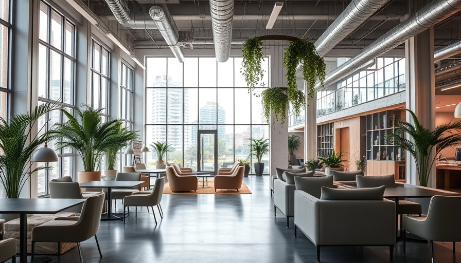 Contemporary Denver office space, open design with seating and greenery.