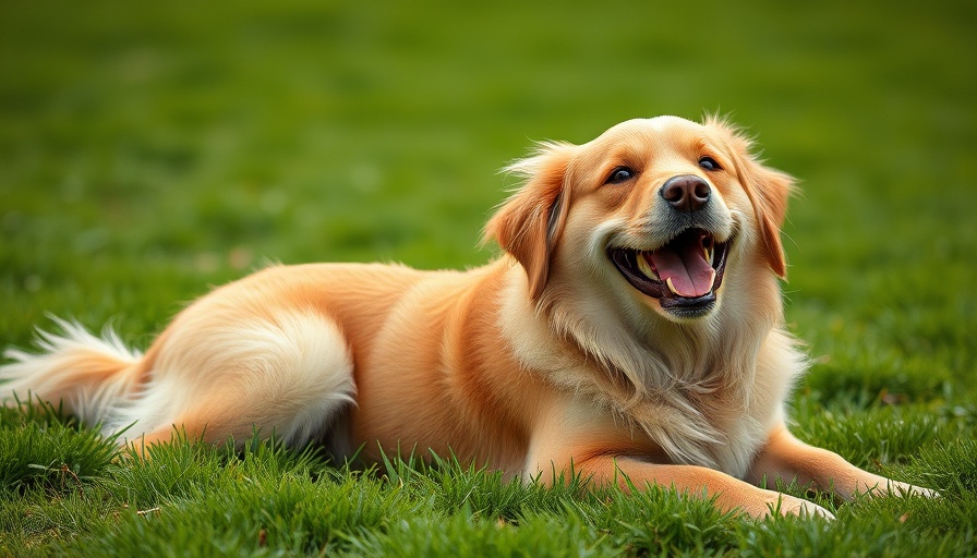 Cheerful dog lying on grass displaying common dog behaviors.