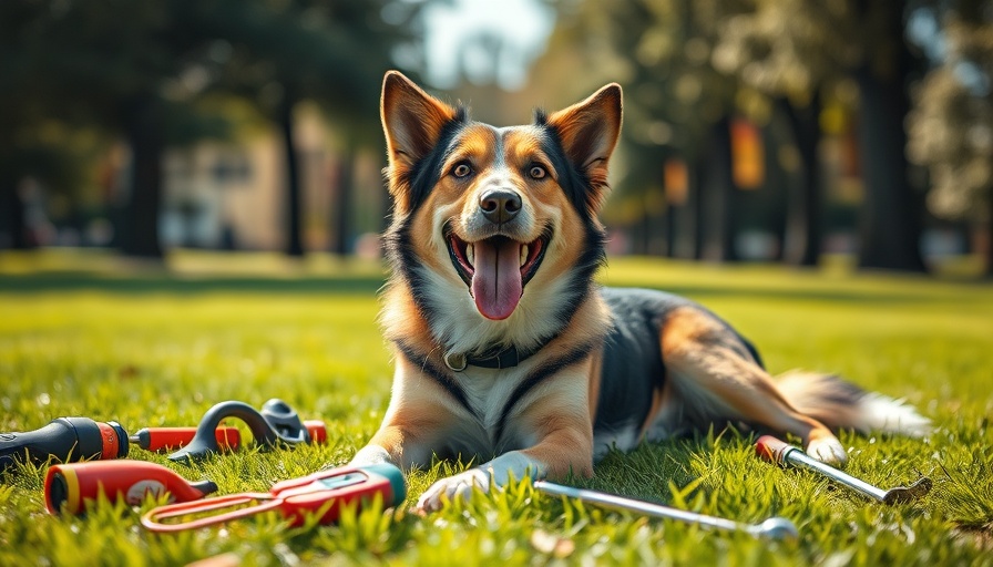 Energetic dog with training tools on grass, showing effective dog training habits.