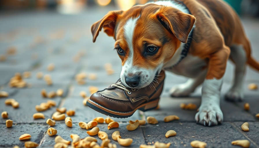 Curious dog chewing on a shoe outdoors, learning how to break bad habits.