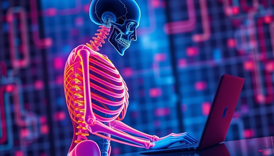 Abstract x-ray skeleton using laptop, depicting tech neck prevention.