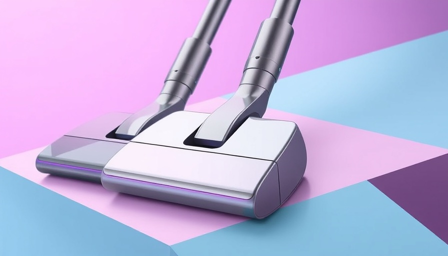 Modern vacuum cleaners on geometric pastel background, sleek design.