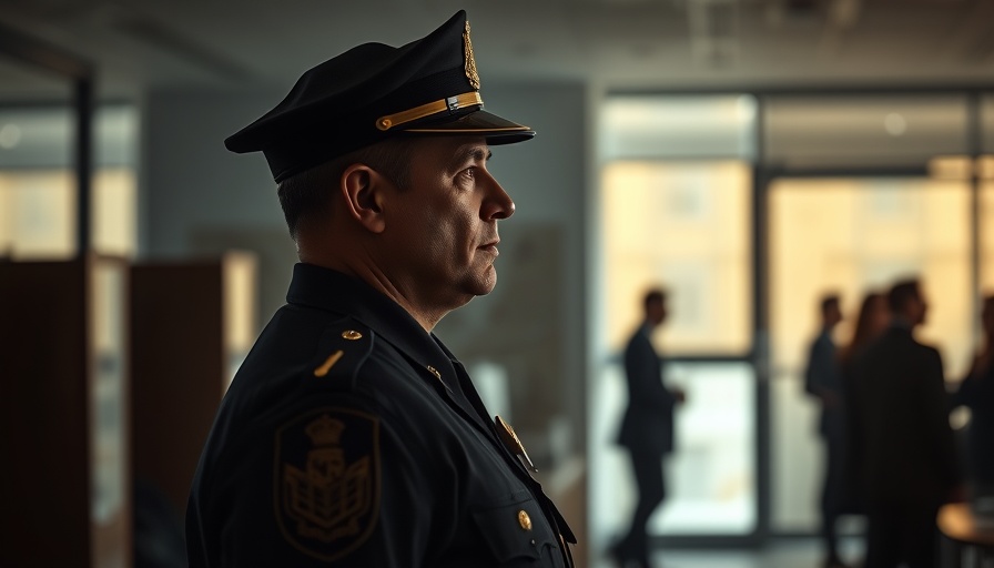 Police officer stands solemnly in office, Denver police pay raises discussion.
