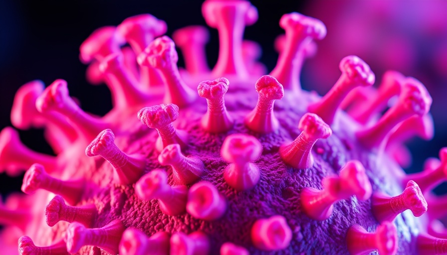 Detailed COVID-19 spike proteins illuminated with purple hues.