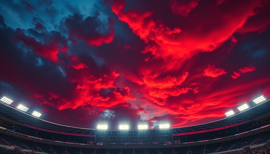 Bright stadium lights against a dramatic evening sky.