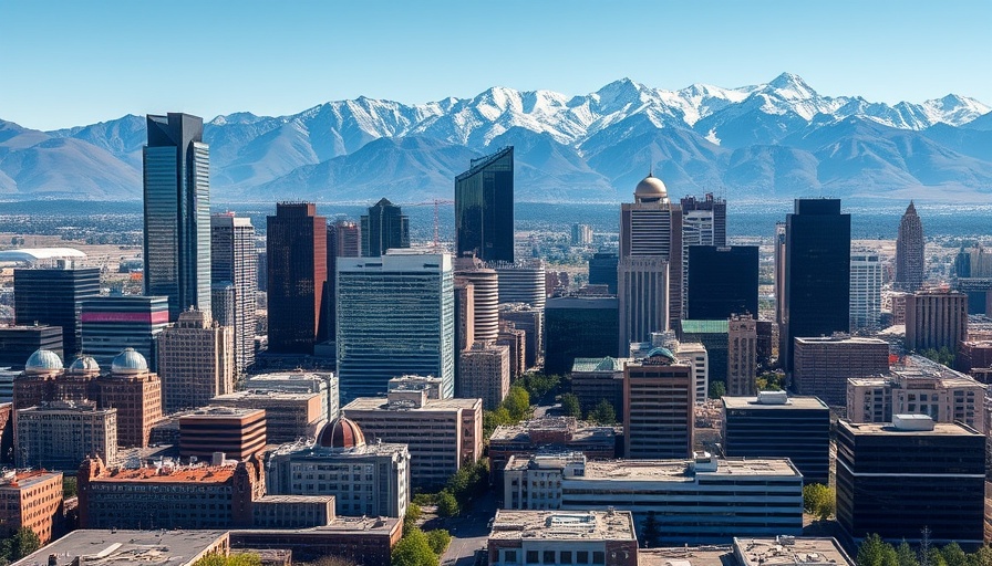 Denver cityscape with skyscrapers and Rocky Mountains.