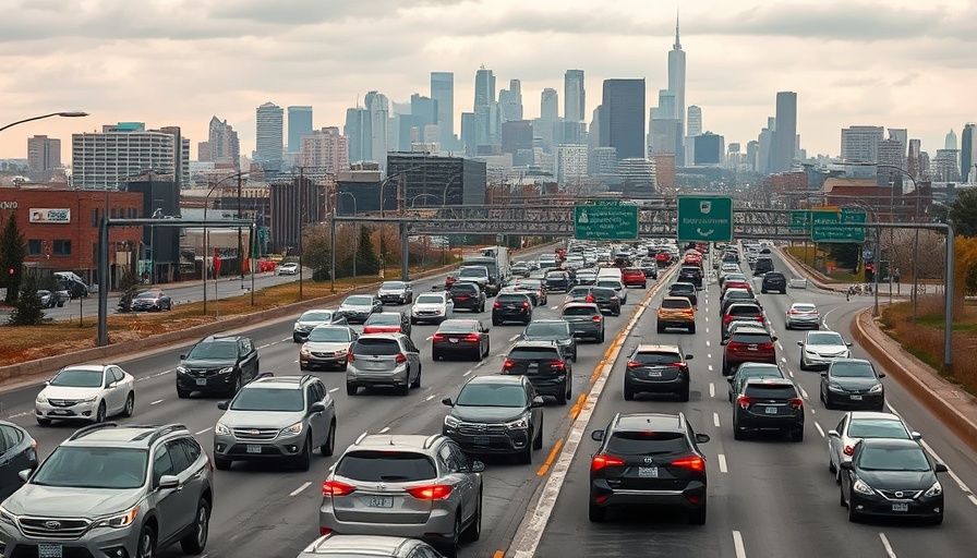 Denver local news traffic jam on city highway with skyline.