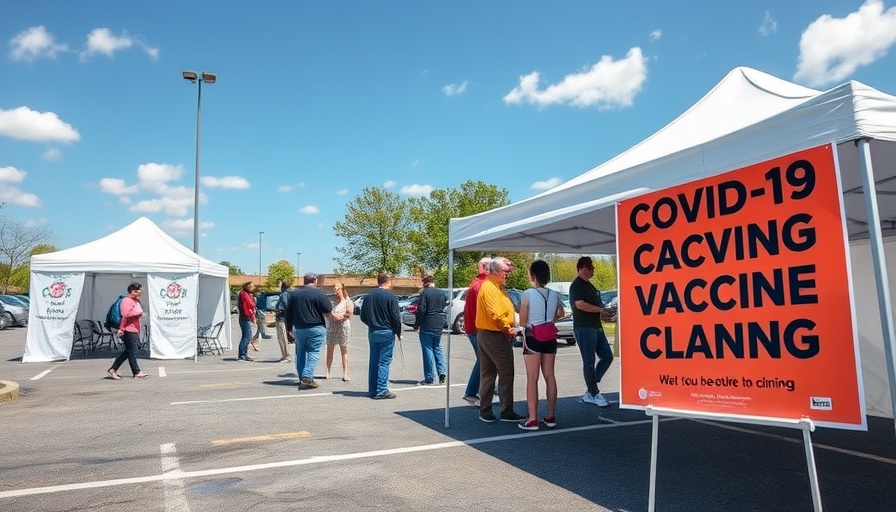 COVID-19 vaccination clinic, outdoor setup with signs and tents, no prescription needed.