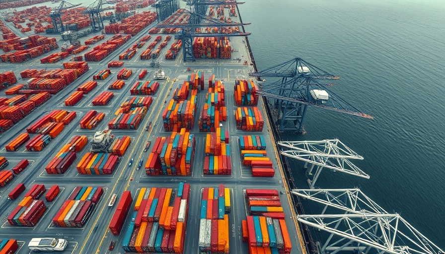 Aerial view of a shipping port with numerous containers related to Trump tariffs on Colorado businesses.