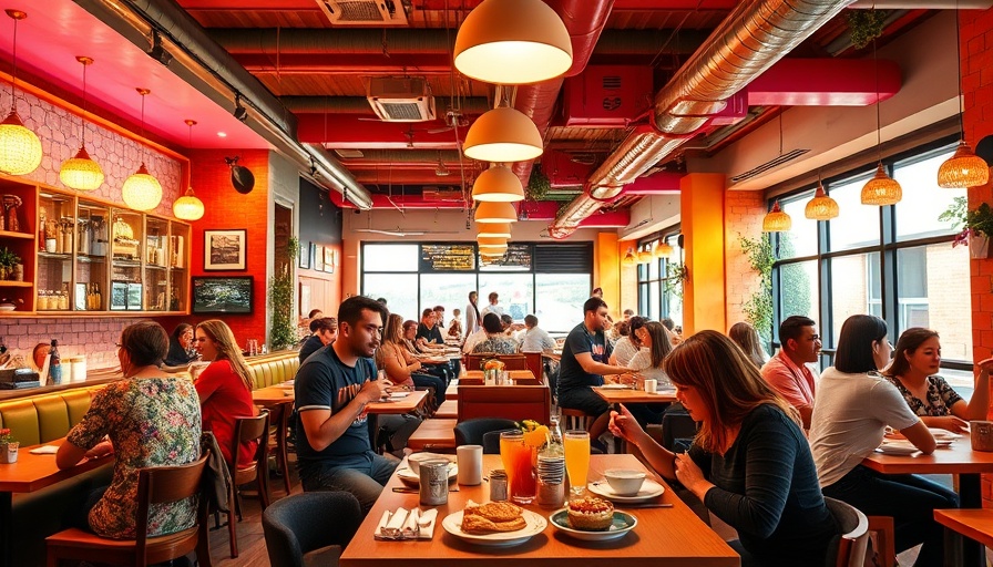 Vibrant brunch scene at Snooze Brunch Chain with colorful decor.