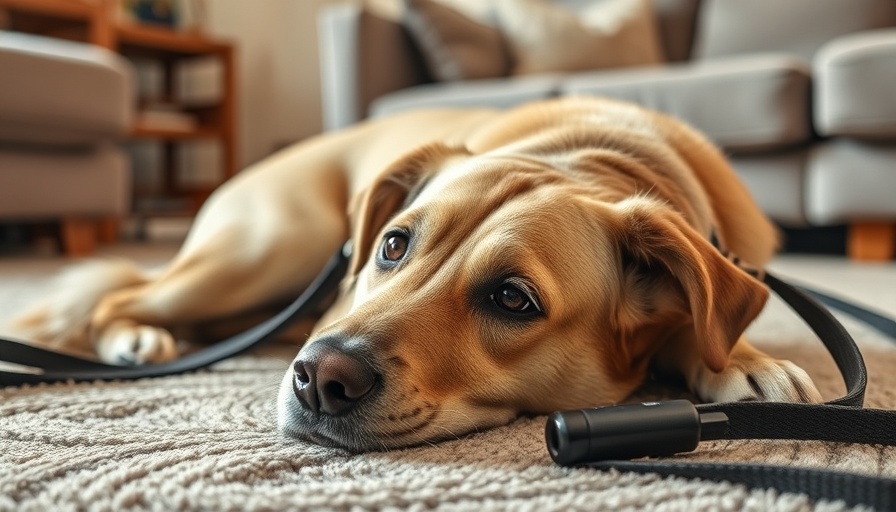Older dog relaxing on carpet with leash; how to break bad habits in older dogs.