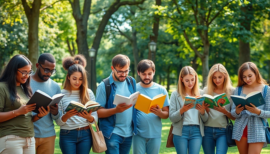 Group reading books in a sunny park, discussing red flags in cuffing season.
