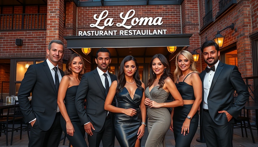 Professionals outside La Loma restaurant, showcasing urban elegance.