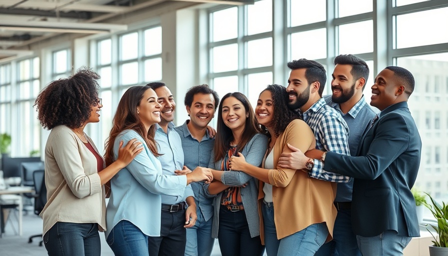 Diverse colleagues hugging in an office, teamwork, job hugging effects on finances.