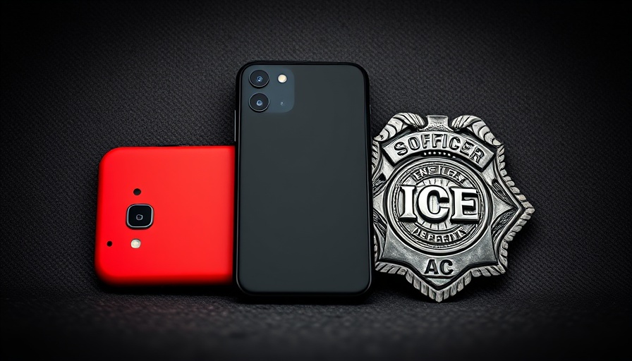 Smartphone next to ICE badge evoking spyware news theme.