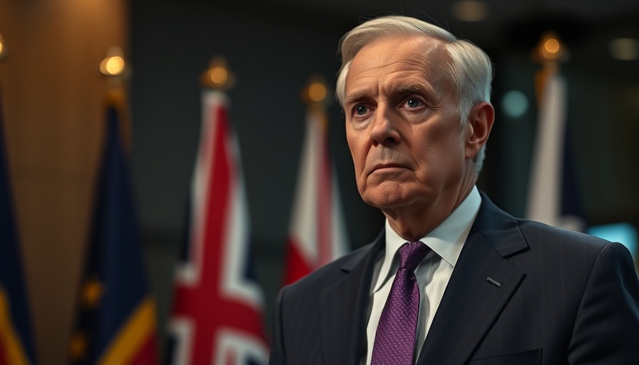 Serious older man in suit with flags in background